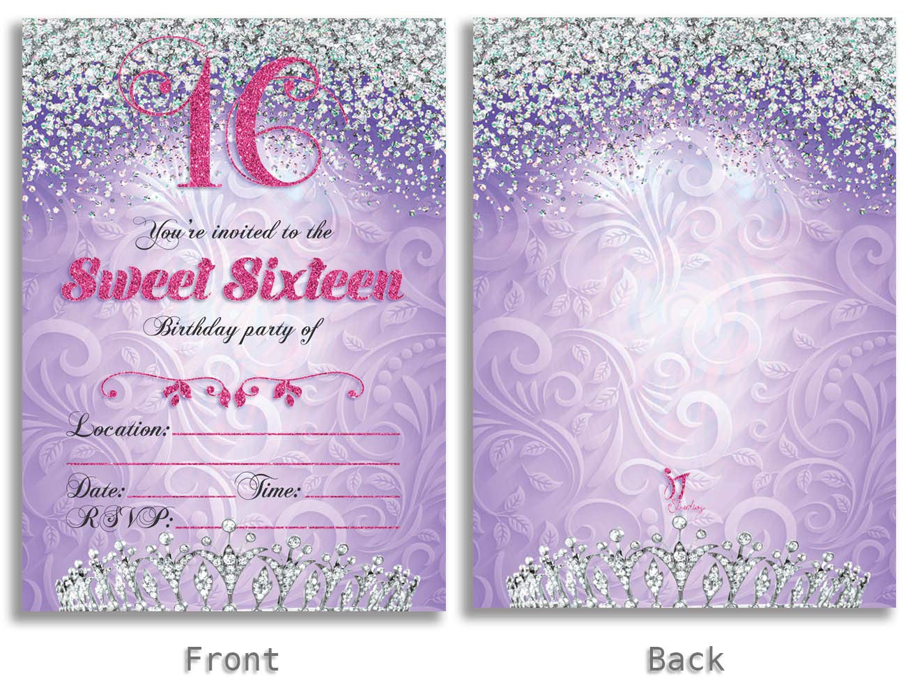 JT Studios Sweet 16 Sixteen Birthday Party Double Sided Purple Invitations, Set of 25 5x7 Girl's 16th Birthday Invitations includes Envelopes