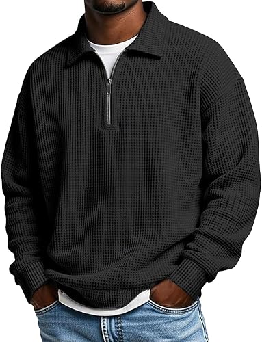 Mens Waffle Shirt Zipper Lightweight Hoodless Sweatshirt Pullover Tops