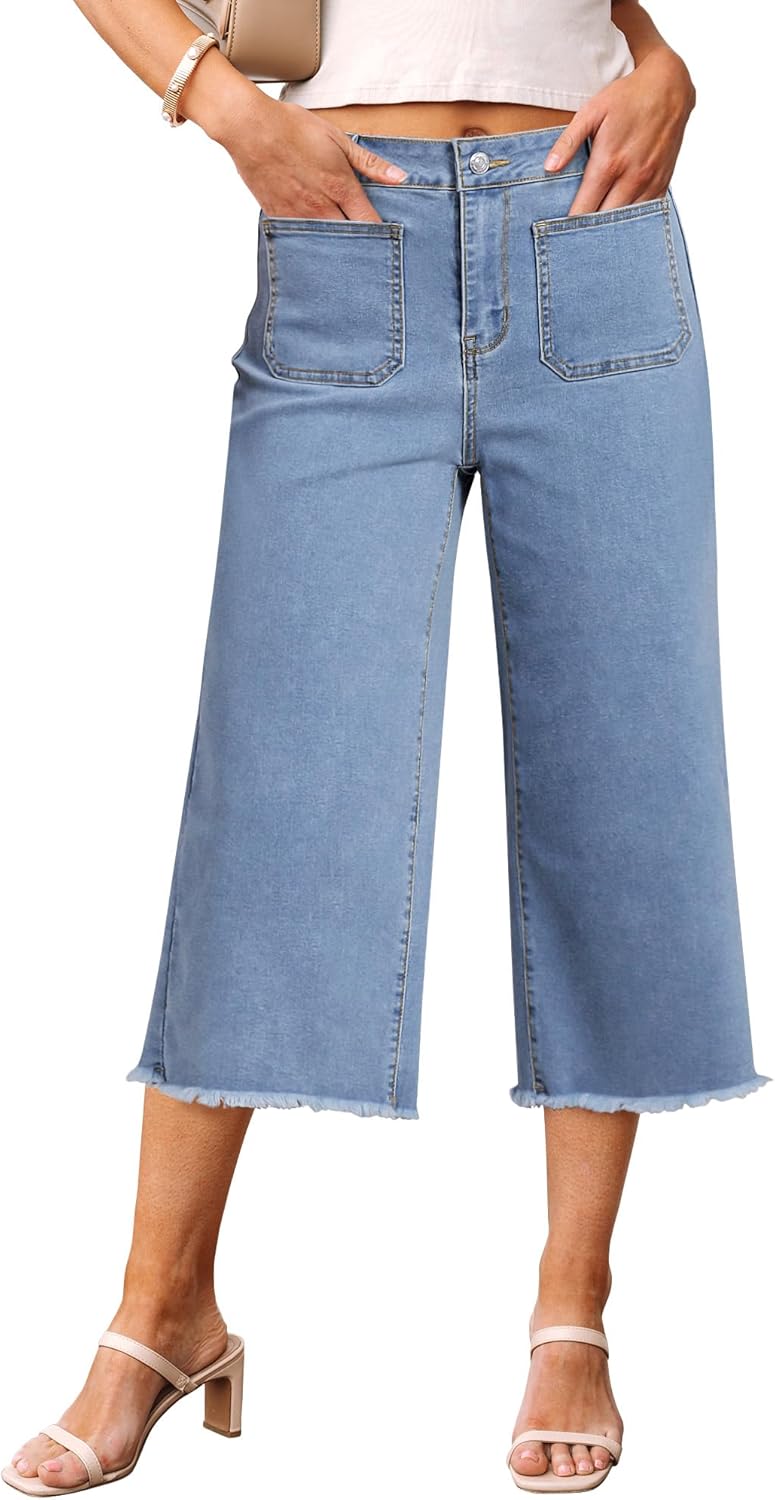 luvamia Women's Wide Leg High Waisted Cropped Capri Jeans