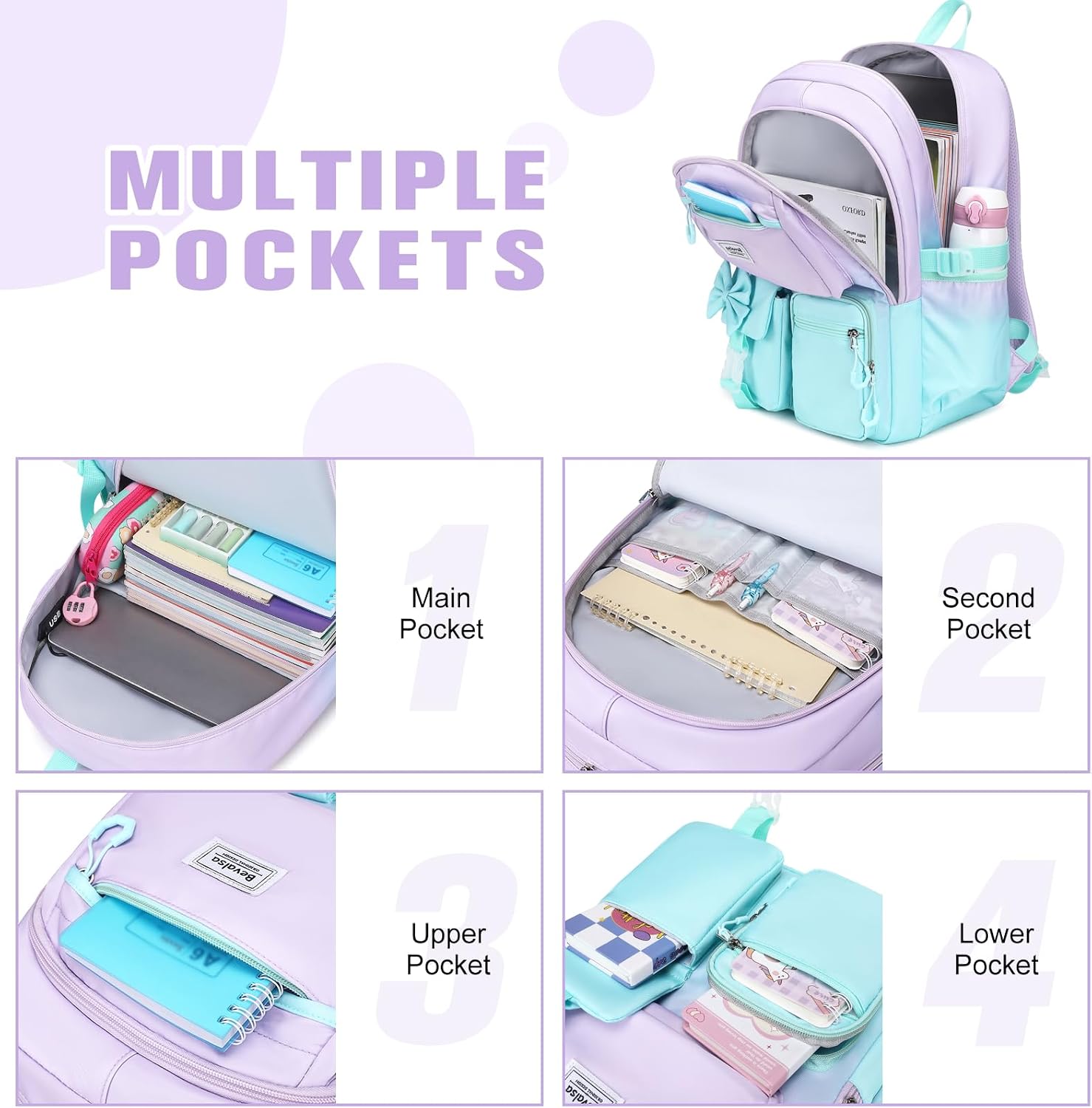  Backpack for Girls, Cute Bow School Bags for Kids with Lunch Bag & Pen Case, Bookbag for Girls Children Teens Elementary Middle Student, Back to School Gift with USB Charging Port thumbnail