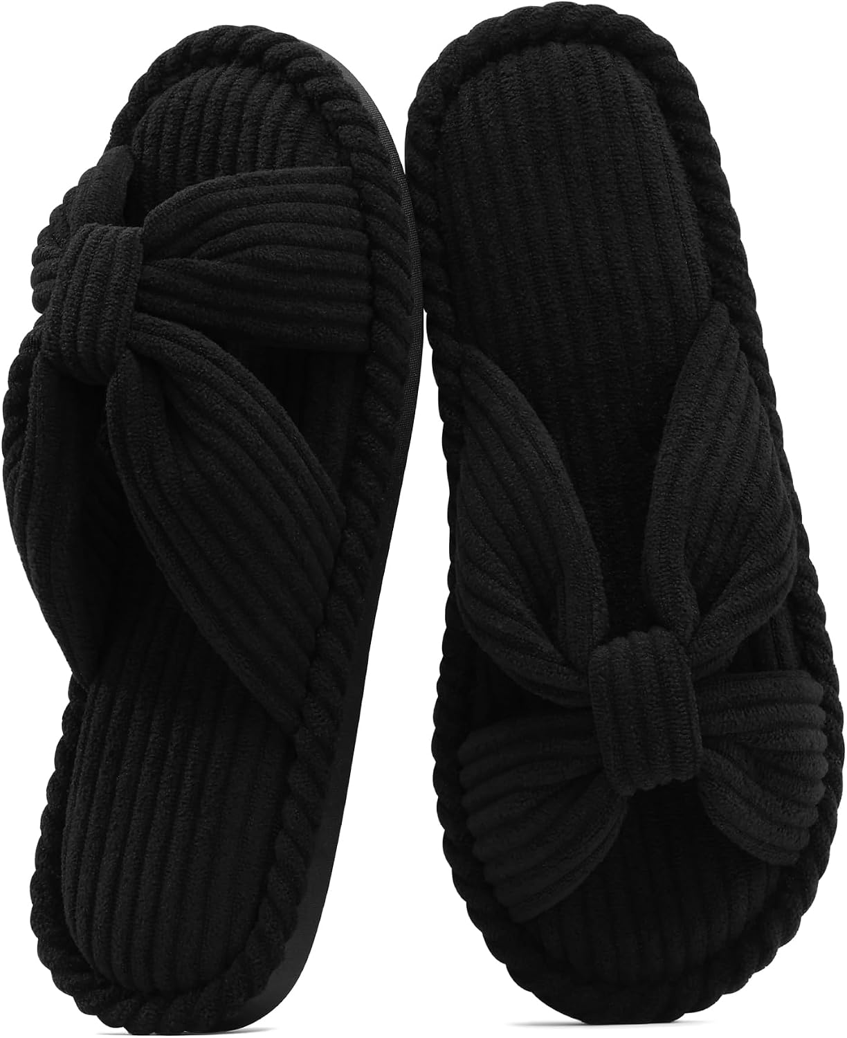 shevalues Memory Foam Slippers for Women Comfortable Open Toe Indoor House Slippers Corduroy Cross Bow Bedroom Shoes Slip On, Light Black 280