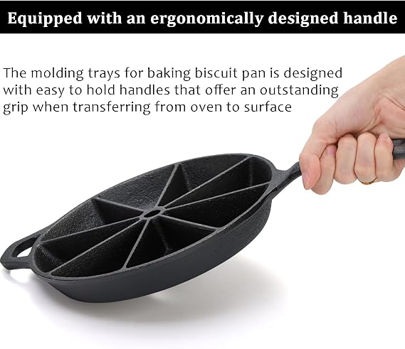 WUWEOT Cast Iron Wedge Pan, Round Corn Bread Skillet, 8-edges Biscuit Pan Mini Cake Pan with Long Handle for Scones, Corn Stick, Muffins, Cupcakes and Brownies