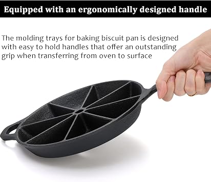 WUWEOT Cast Iron Wedge Pan, Round Corn Bread Skillet, 8-edges Biscuit Pan Mini Cake Pan with Long Handle for Scones, Corn Stick, Muffins, Cupcakes and Brownies