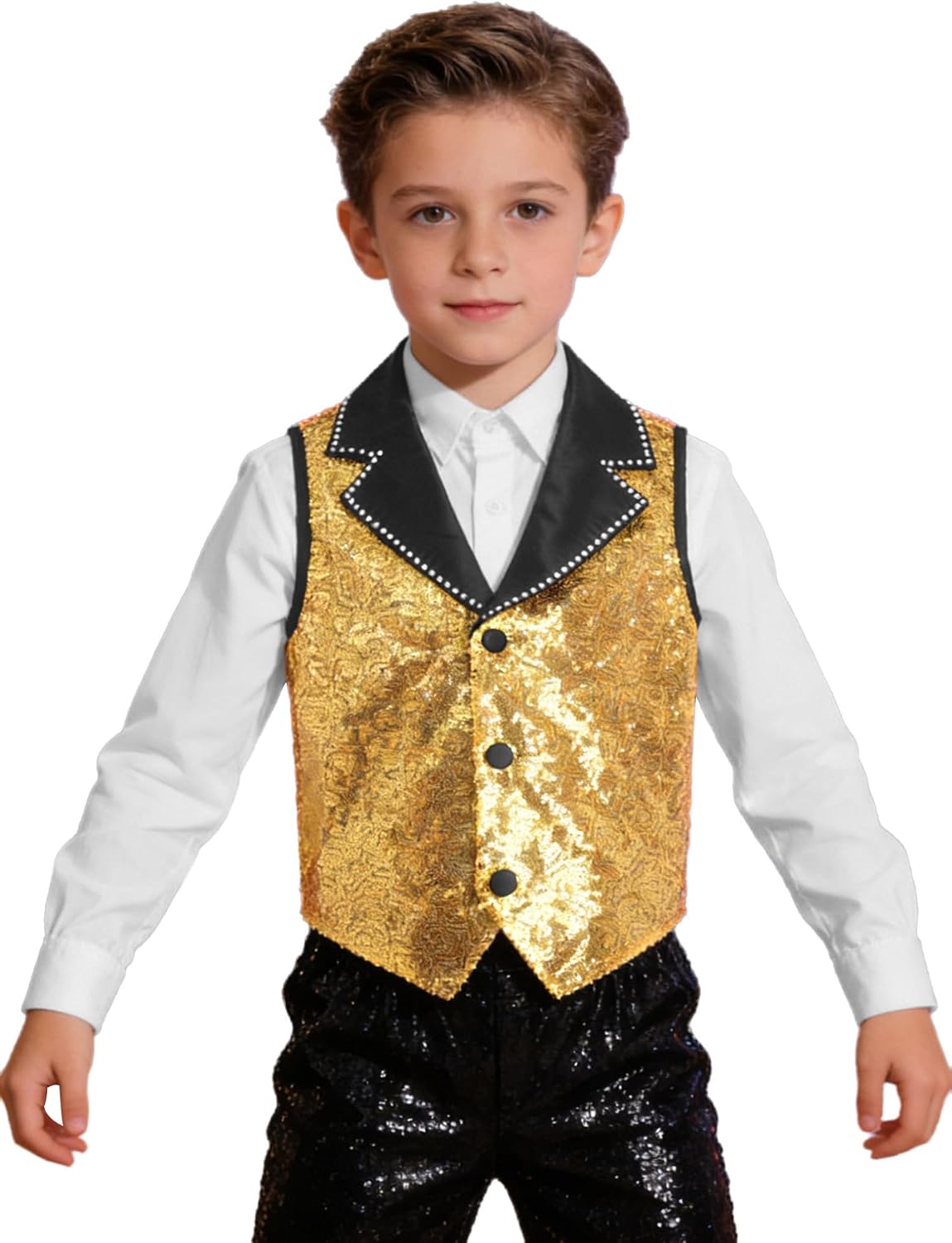 ACSUSS Kids Boys Sequin Jacket Vest Sparkly Lapel Waistcoat Disco Party Hip Hop Jazz Street Dance Performance Top