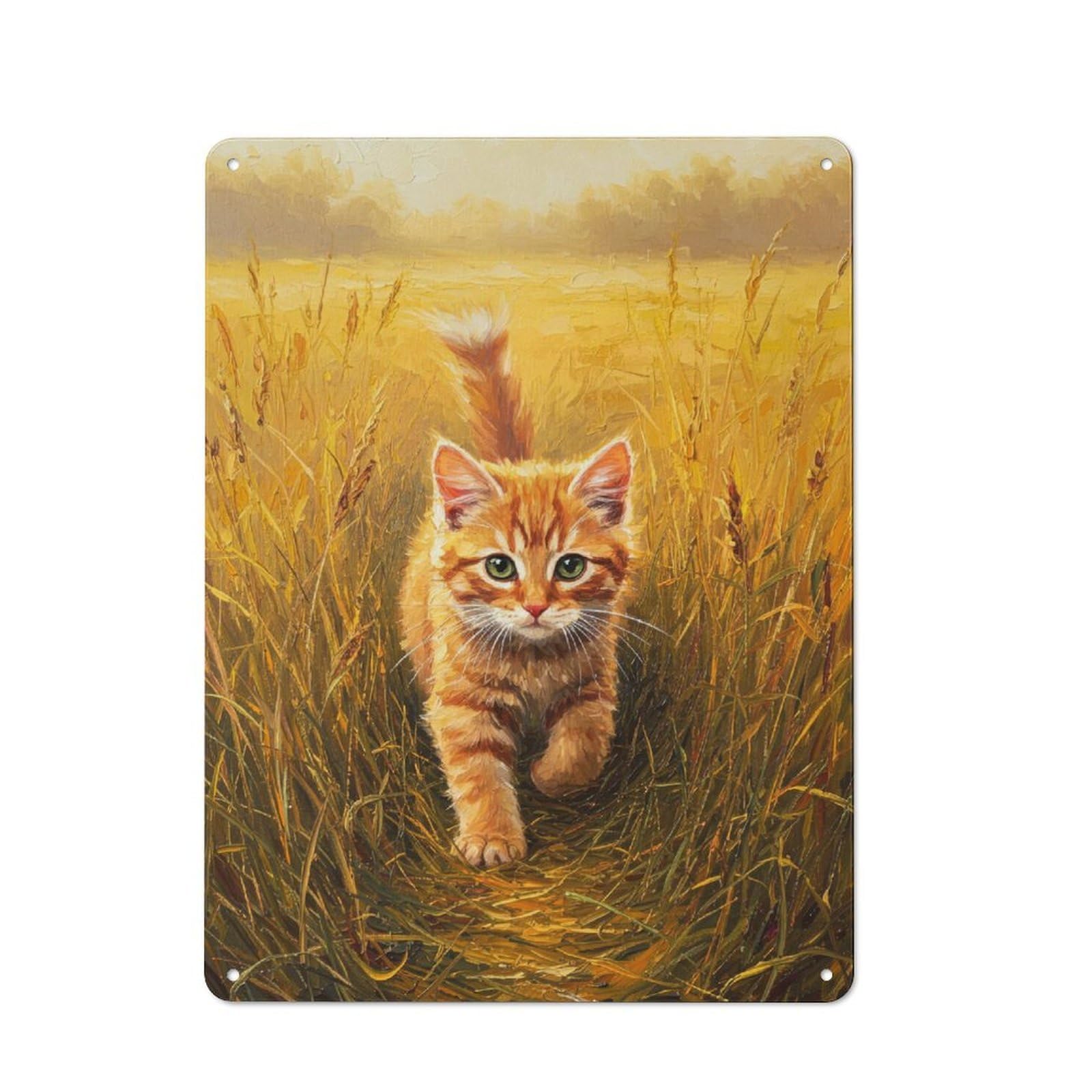 Junmoney Ginger Kitten In Golden Field Painting Retro Tin Wall Plaque 40X30cm For Home Office Or Studio, Wall Decoration For Home Offices And Studios