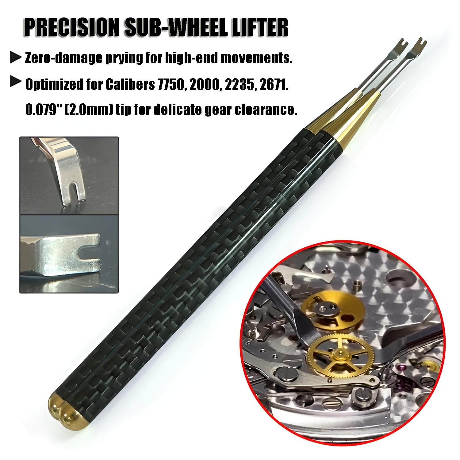 Professionelles Uhrmacher-Komponenten-Heber-Set – Karbonfaser-Griff, Präzisions-Hebelwerkzeug für Uhrwerkrad, Chronograph-Getriebe und Haarfederentfernung, kompatibel mit Cal. 7750, 2000, 2235