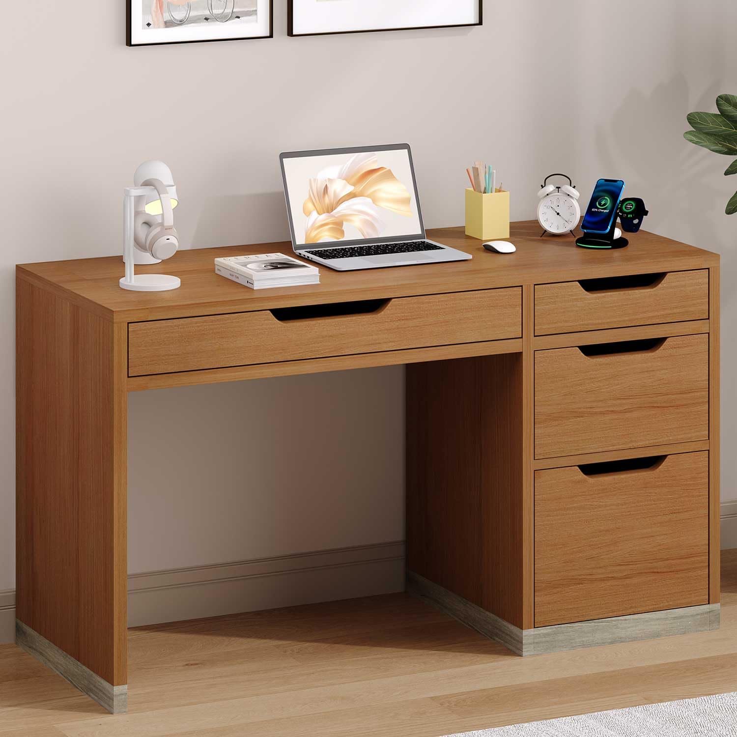 MaverickFurni Small Desk with Drawers, 52 Inch Computer Desk with Storage, Home Office Desk with Filing Table for Bedroom, Brown