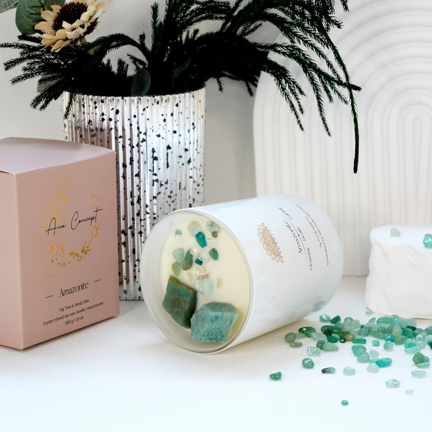 Amazonite Crystal Candle – 10oz / 280g Fig Tree & Sandy Sea Aromatherapy Hand-Poured Soy Wax Genuine Amazonite Healing Crystals Embedded Cleansing, Health & Calming Gift Box... - Image 7