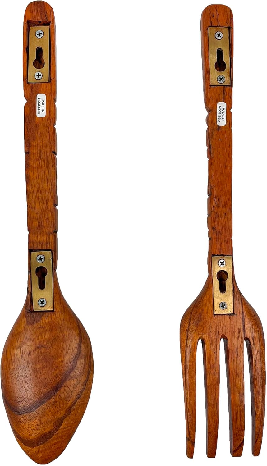 Carved Wood Tiki Design Spoon & Fork Wall Decor Art - Wooden Utensil Decoration Set -16 Inches High - Perfect for Kitchens or Dining Rooms - Tropical Island Charm