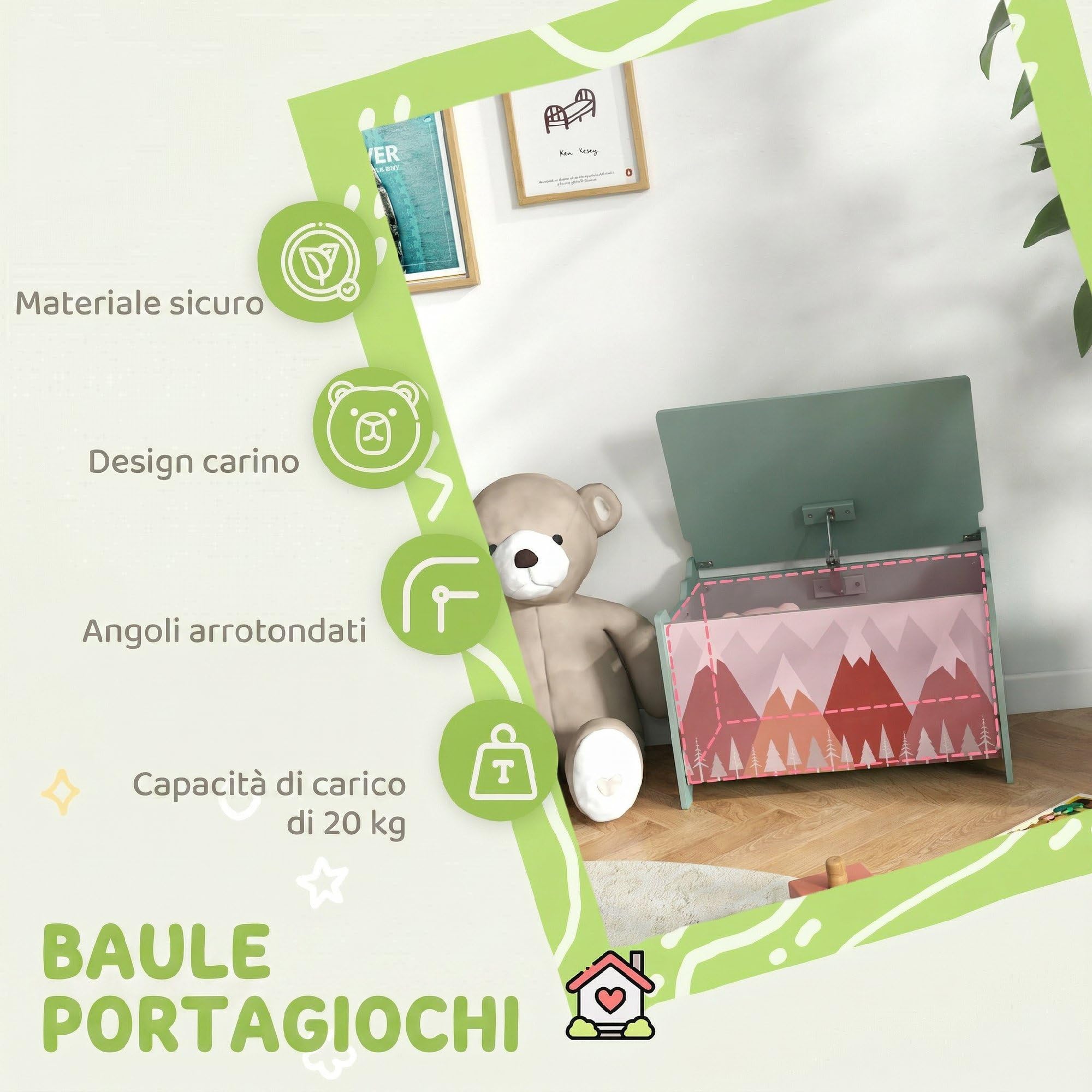 ZONEKIZ Baule Portagiochi Panca Contenitore per Bambini, Cassapanca in Legno MDF con Coperchio e Cerniera di Sicurezza, 60x37x39cm, Verde