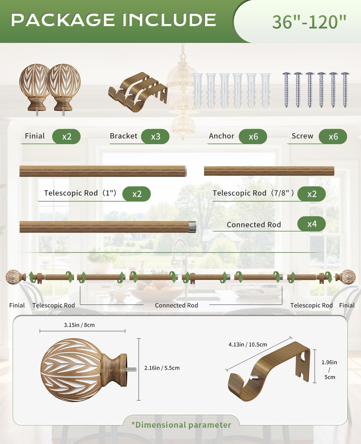 Wood Curtain Rod Adjustable, 36 to 120 Inch Boho Curtain Rods for Windows Heavy Duty Decorative Drapery Rods with Wood Grain Finial for Living Room Bedroom Kitchen Farmhouse