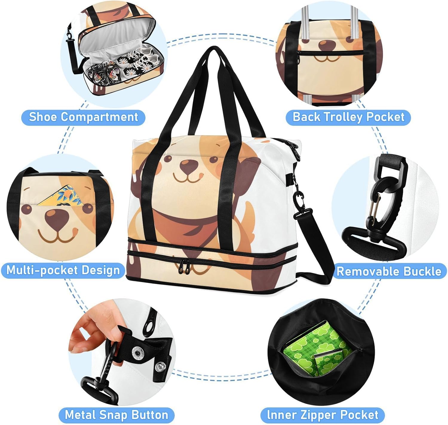 Cute Cartoon Dog Sports Tote Gym Bag Carry On Personal Item Bag with Toiletry Bag for Sports Foldable