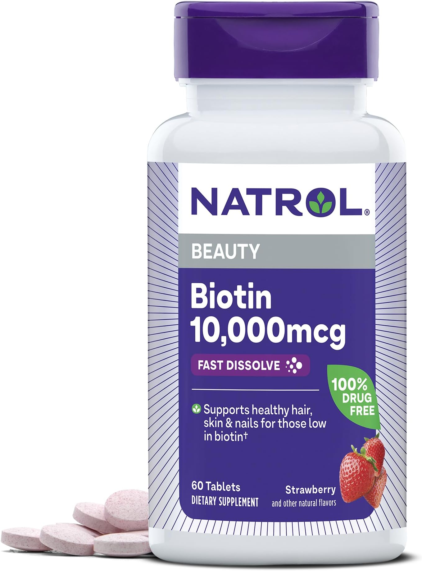 Biotin, Natural Strawberry Flavor, 10,000 Mcg, 60 Tablets