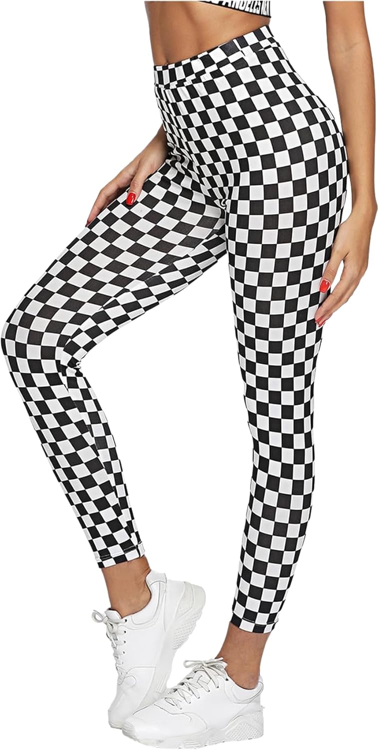 WDIRARA Women's Plaid Checkered Leggings High Waisted Workout Athletic Yoga Pants