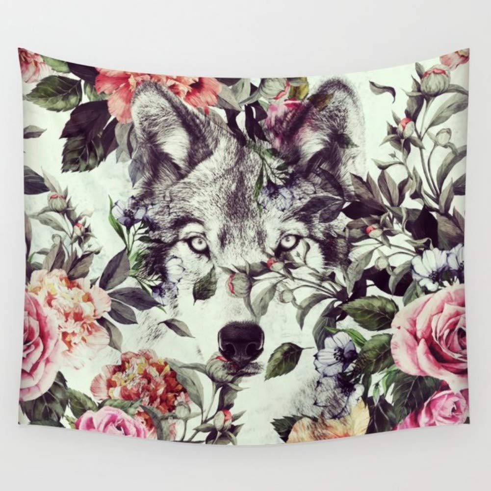 KRWHTS Wolf Tapestry Wall Hanging Boho Wolf with Colorful Flowers Feathers Rainbow Tapestries Hippie Tapestry Wall Decor