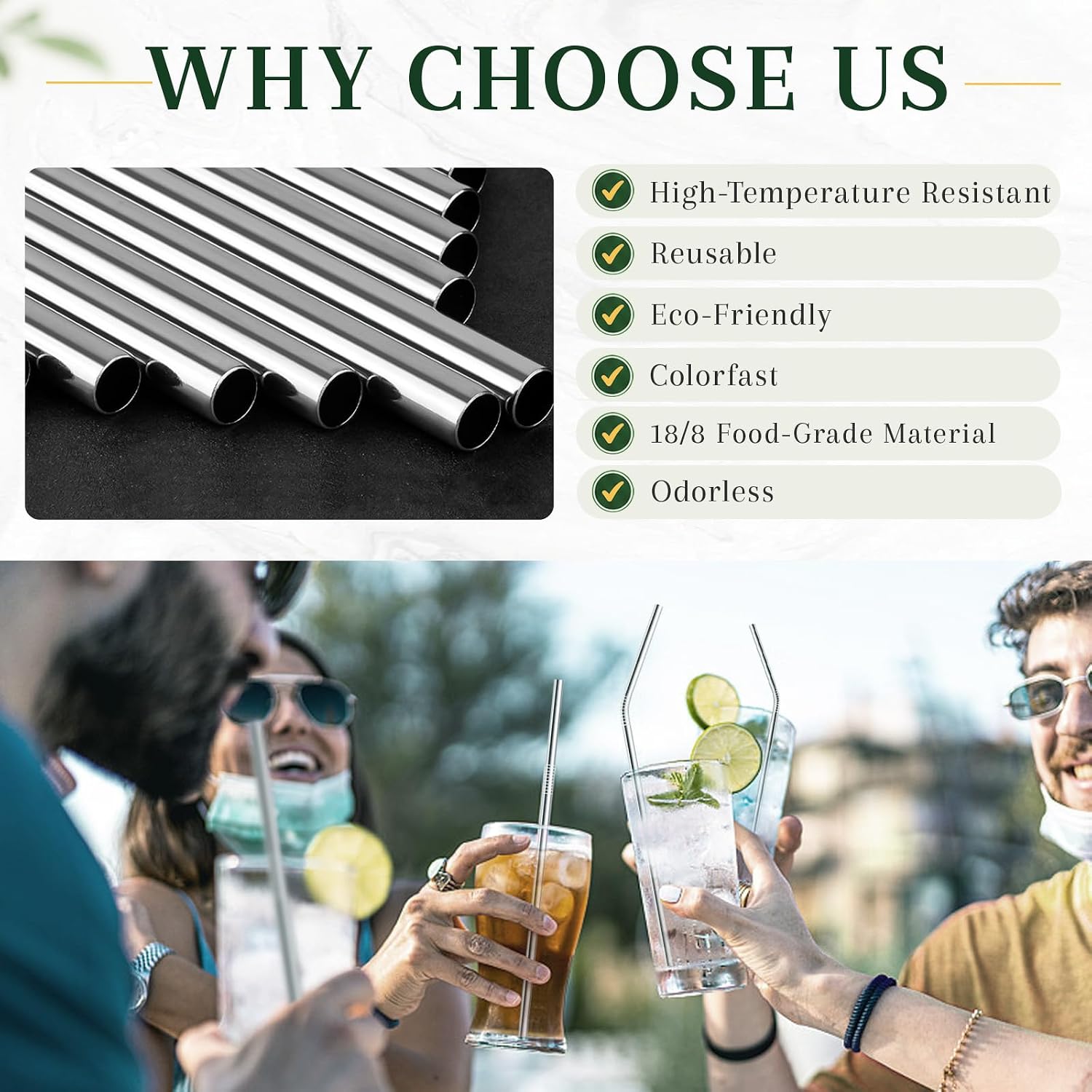 Reusable Stainless Steel Metal Straws Set, 16 Pack Silver with 2 Brushes
