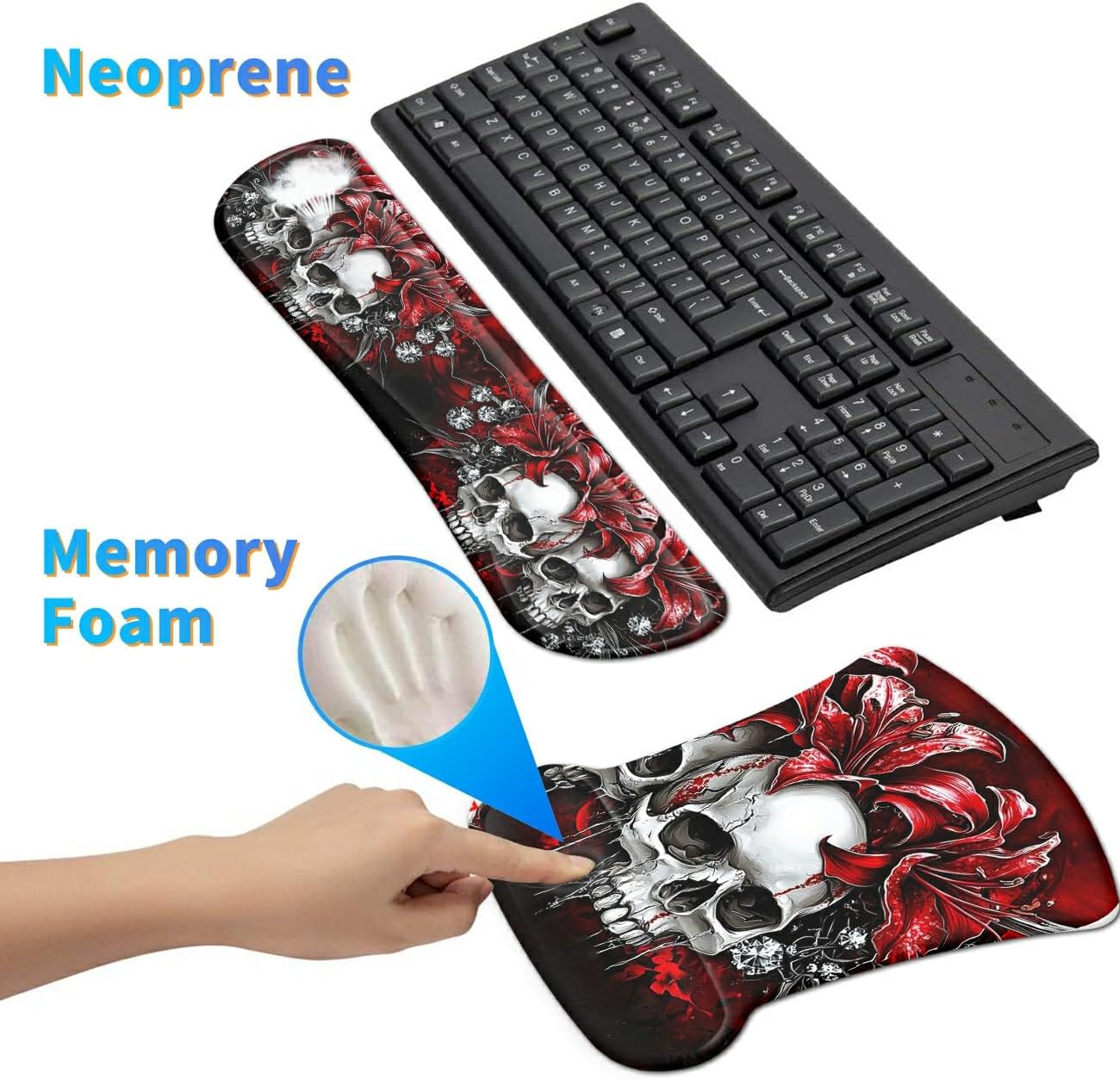 Ergonomic Mouse Pad with Wrist Support Gel Mousepads and Upgrade Keyboard Wrist Rest Pad Set, Coasters Non-Slip PU Base Mouse Mat for Office Gaming Computer Laptop Home, Red Flower Skull