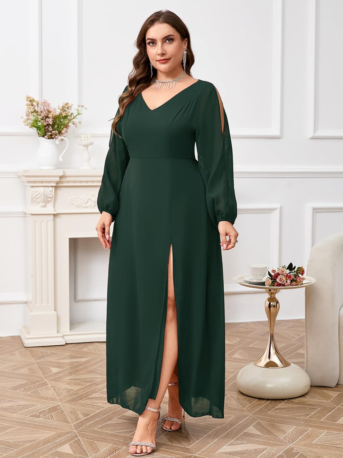 ZOMVA Plus Size Chiffon Maxi Dress V-Neck A-line Long Sleeve Front High Slit Formal Dress Mother of Bride Wedding Guest - Image 4