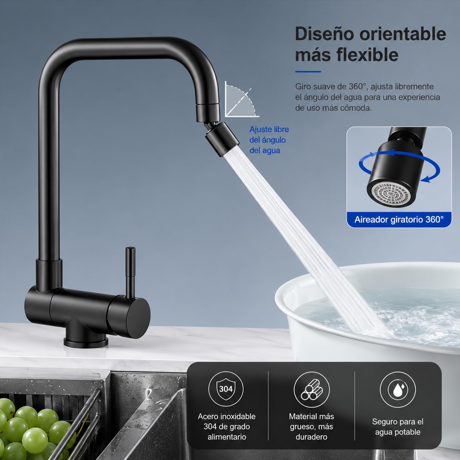 Grifo de Cocina Abatible Bajo Ventana, Negro Satinado