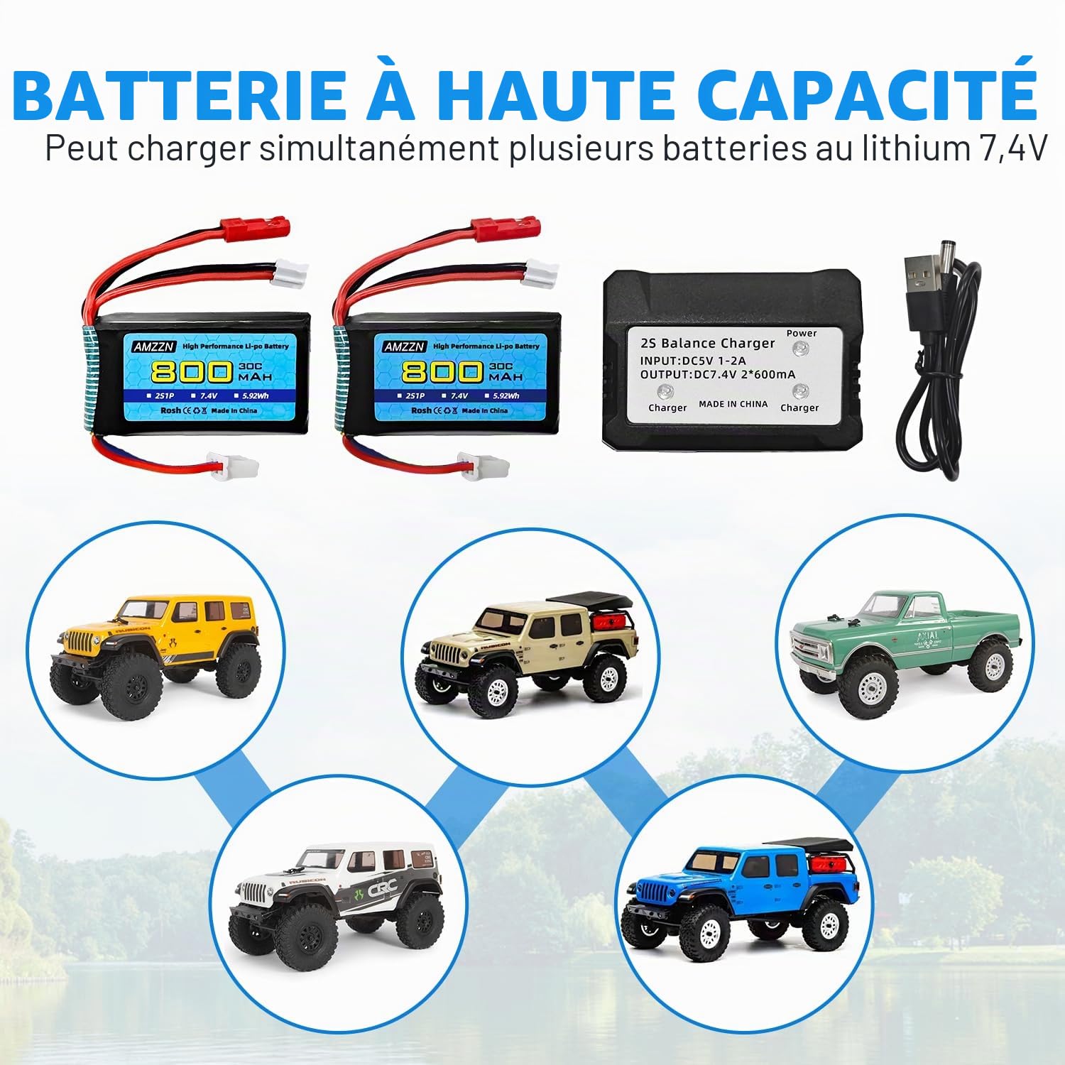 2 pièces 7,4V 2S 30C 800mAh Lipo Batterie JST Prise et Prise PH2.0 avec Chargeur 2 en 1 adapté pour véhicules SCX24 RC, Compatible avec la Plupart des camions RC et Drones télécommandés
