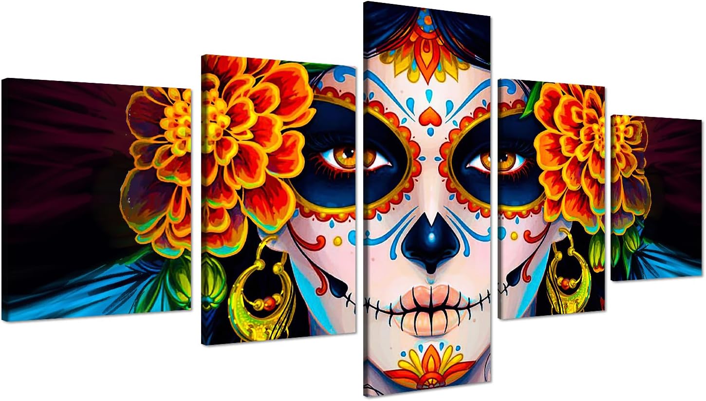 Sugar Skull Girl's Face Canvas Paintings Wall Art Day of the Dead Dia De Los Muertos Artwork Modern Home Decor Saints Day Halloween Wall Art Set of 5 Wooden Framed Ready to Hang-50 inch x 24 inch