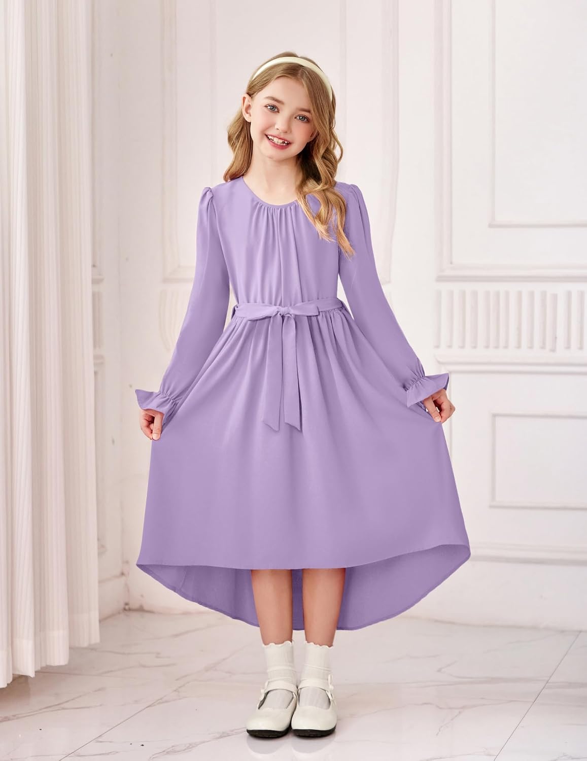 Arshiner Girls Long Sleeve Dress Fashion High Low Flowy Swing Semi Formal Party Dresses with Belt