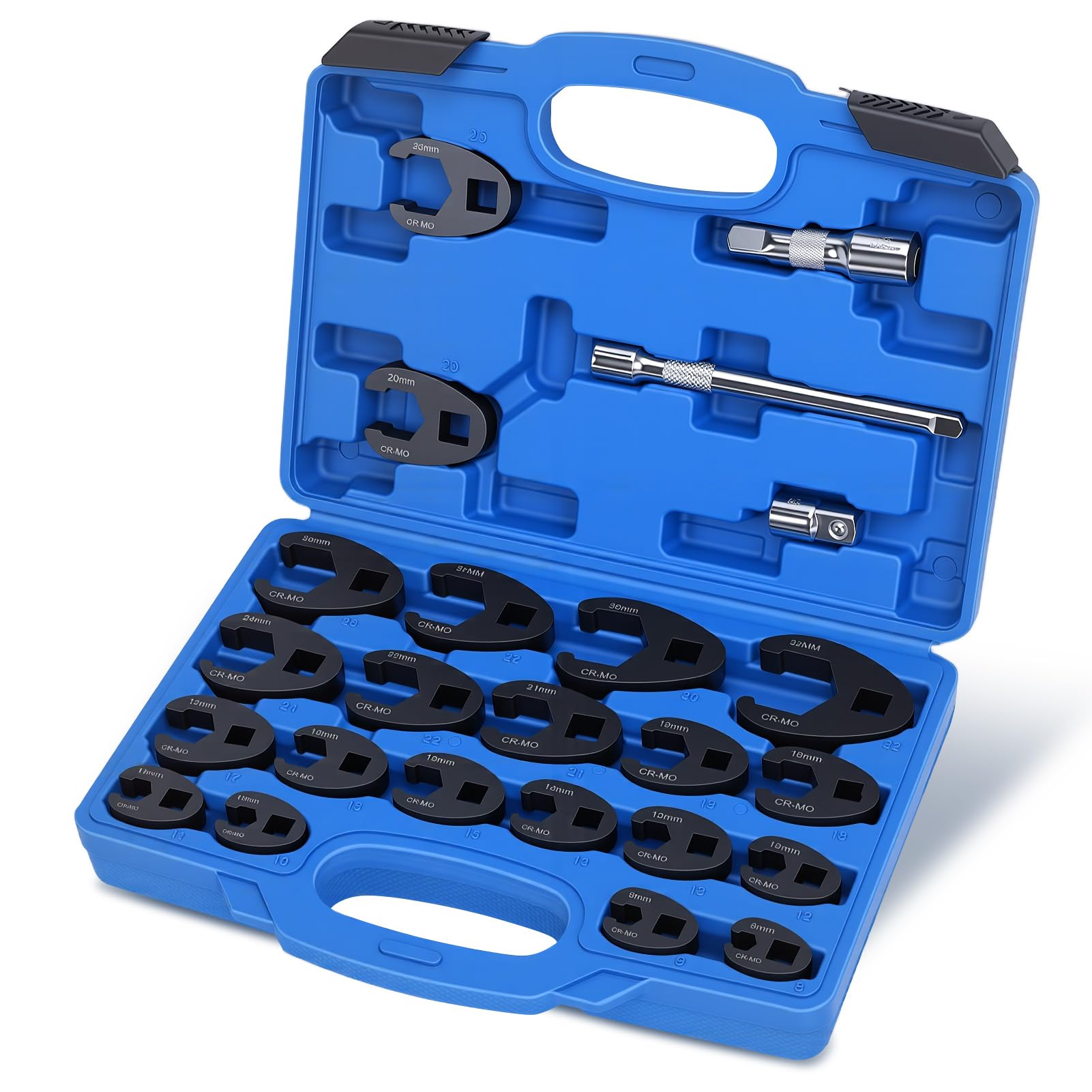 Crowfoot Ensemble de Clés, 24 Pièces Ensemble de Clé à Fourche à Emmancher 1/2" 3/8", Entraînement Extérieur Carré Clé, 8-32mm Drive Métrique Coffret de Douilles à Tuyauter, Clé à Écrou Évasé