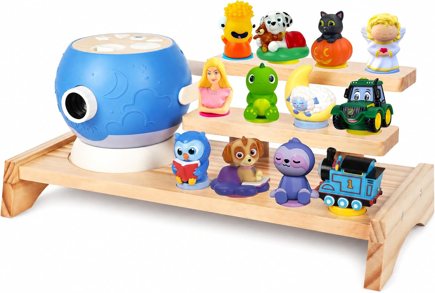 3 Tier Storage Shelf for Luna Storytime Projector Character Display Rack | Organizer for Luna Projector Figures Figurine Cartridge Stand Holder,Pine Wooden,for Kids Boys Girls Play Room,Natural