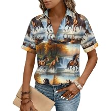 Ladies Collared Short Sleeve Shirt V Neck with Pocket Comfortable for Summer Outings