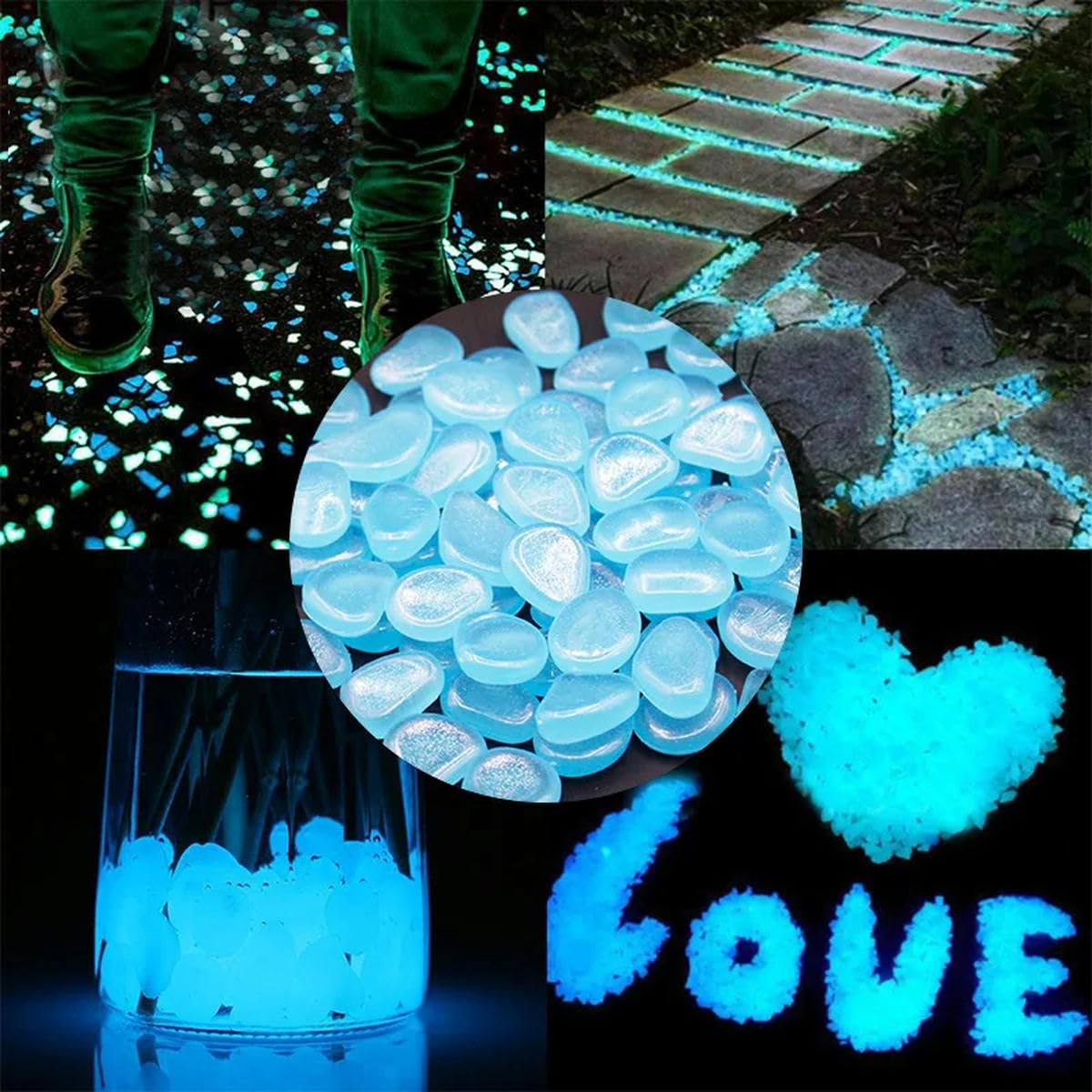 Piedras luminosas para jardín que brillan en la oscuridad, guijarros para peces al aire libre, rocas de guijarros para acuario, mezcla de colores, 300 piezas, azul oscuro