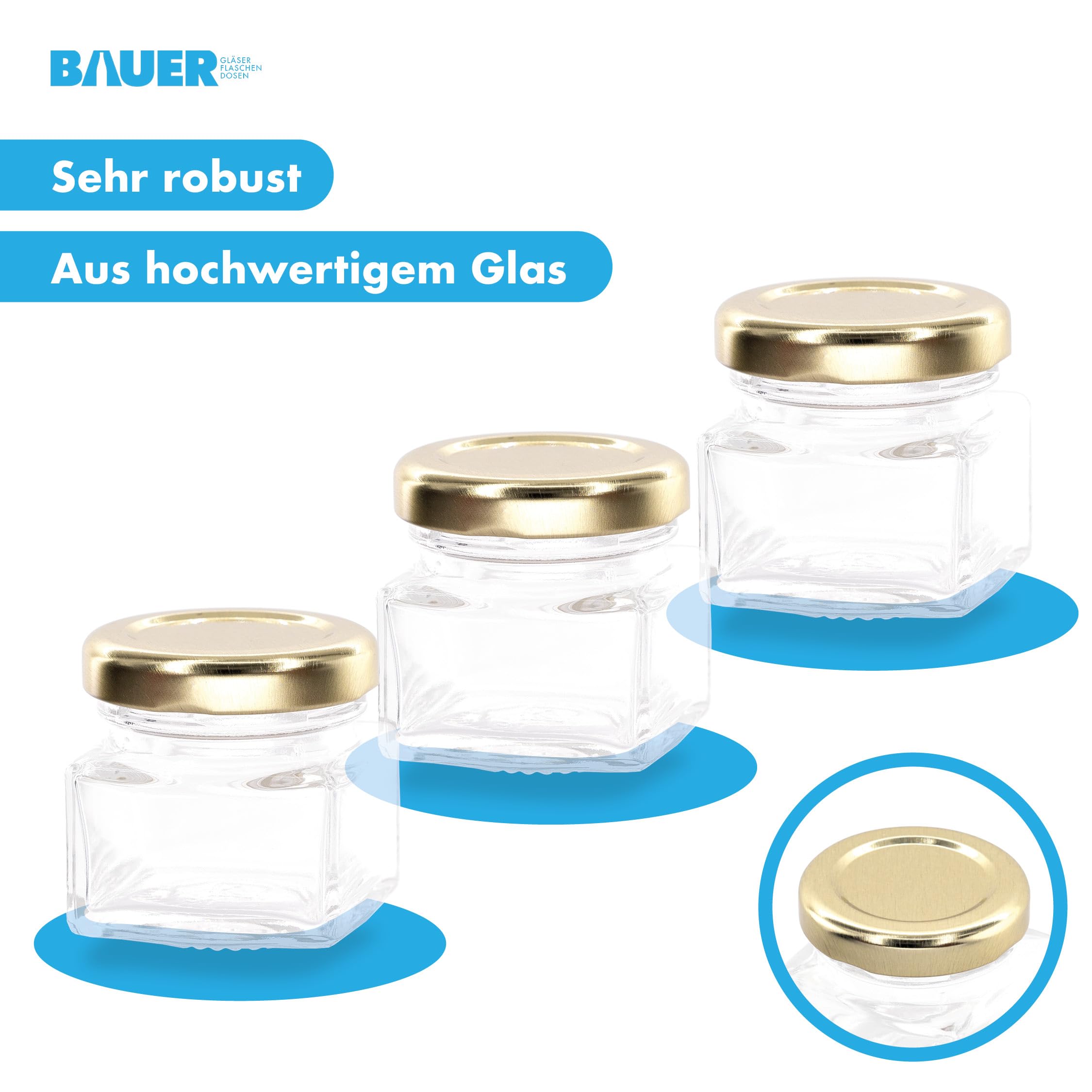 Flaschenbauer - 32x Vierkant Mini-Einmachgläser 40ml mit TO43 Twist-Off-Deckeln Gold - Marmeladengläser, Honiggläser, Konfitürengläser, Schraubgläser, Konservengläser mit Deckel