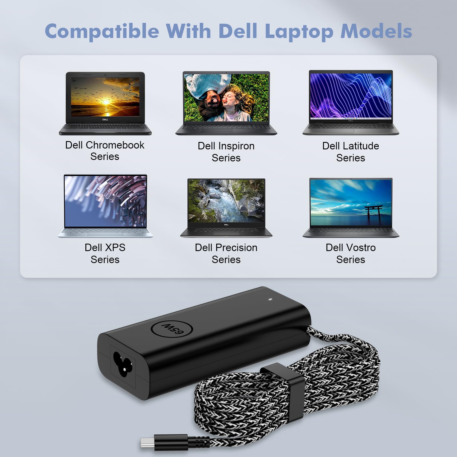 Replacement for Dell 65W Laptop Charger USB C 45 Watt- Slim AC Adapter Latitude 5420 5550 7420 5520 5540 5450, XPS 13, Chromebook 3100, Type C Computer Power Cord Braided LED - Travel Back up