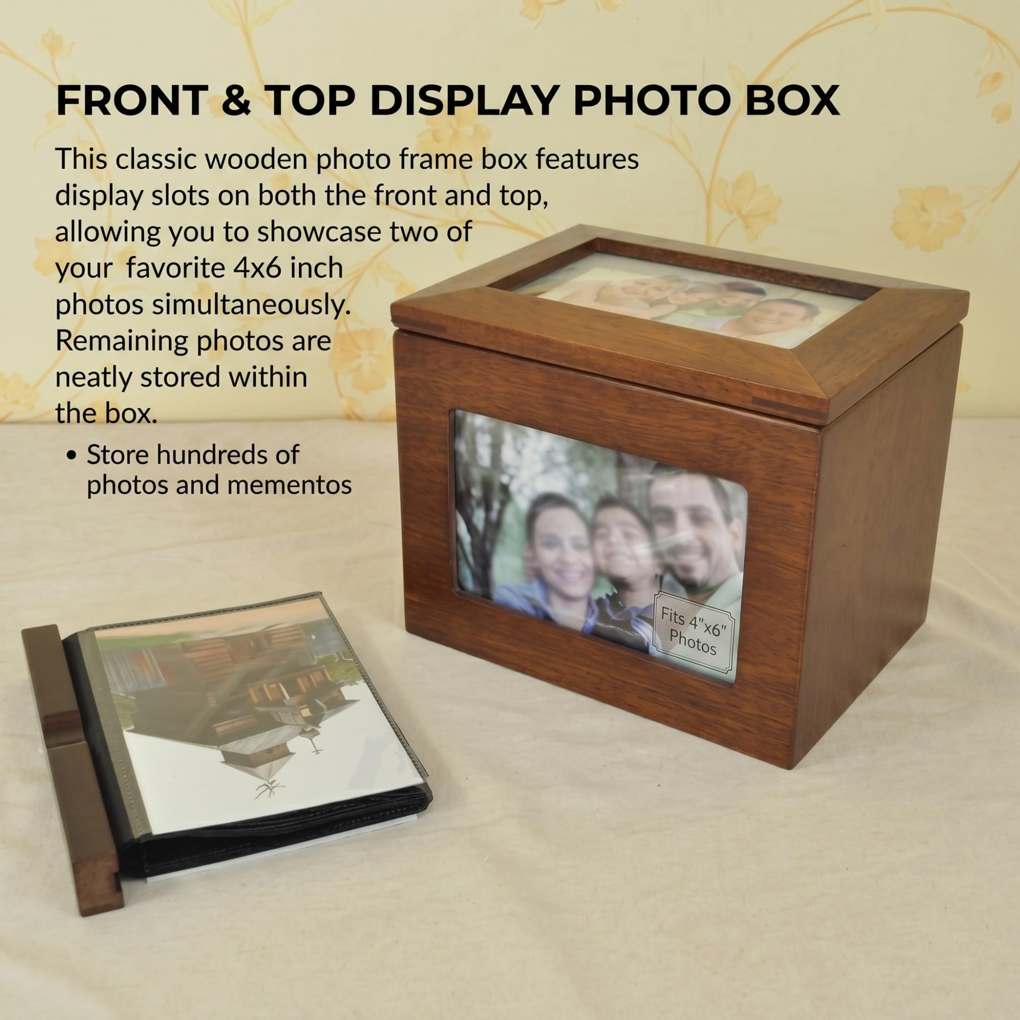 Caja de almacenamiento de álbum, caja de recuerdos de madera con 5 álbumes de fotos extraíbles para fotos de 6 x 4 pulgadas, capacidad para 100 fotos, marco de fotos para decoración del hogar
