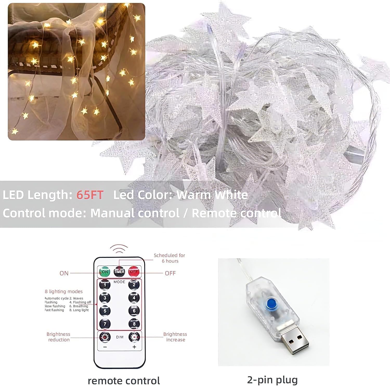 4-Opening Mosquito Net Bed Canopy with 66ft LED Star String Lights, Breathable Polyester Bed Curtain for Double Queen Beds, 7.2ft x 6.6ft x 5.6ft, White
