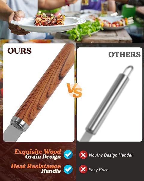 A close-up of the KALAHOL 7-in-1 BBQ Tools Set, showcasing the stainless steel construction and long handles.
