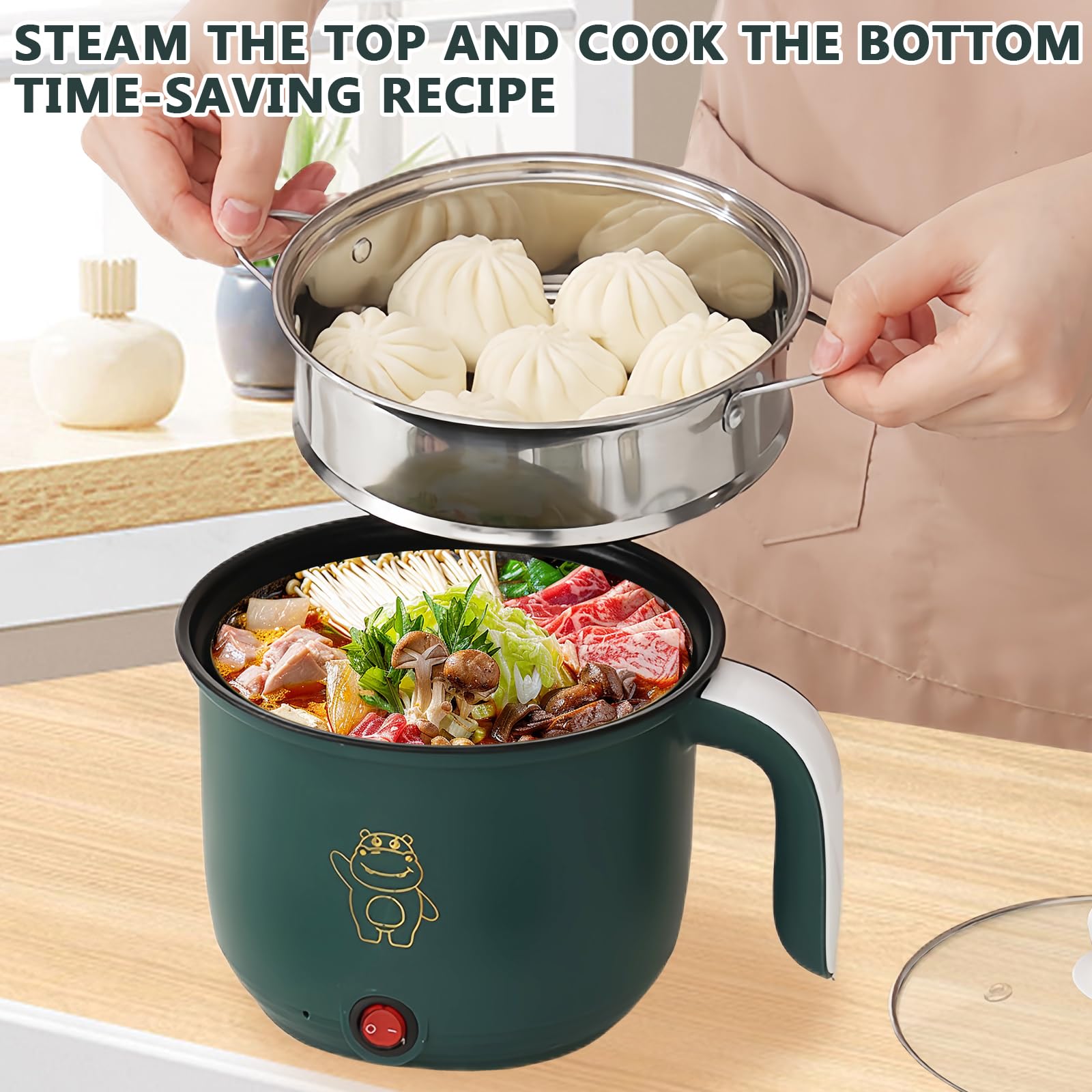 Casserole électrique 1,8 L antiadhésif, Mini fondue électrique, Multicuiseur portable avec cuiseur vapeur