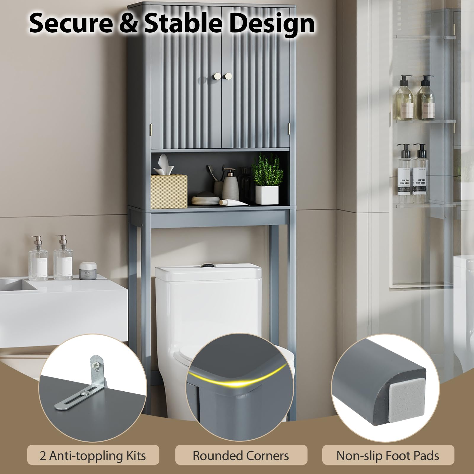 LIFEZEAL Armadietto portaoggetti per bagno, mobile portaoggetti alto sopra il WC con ante ripiani regolabili e barra inferiore, mobile salvaspazio per bagno (grigio)