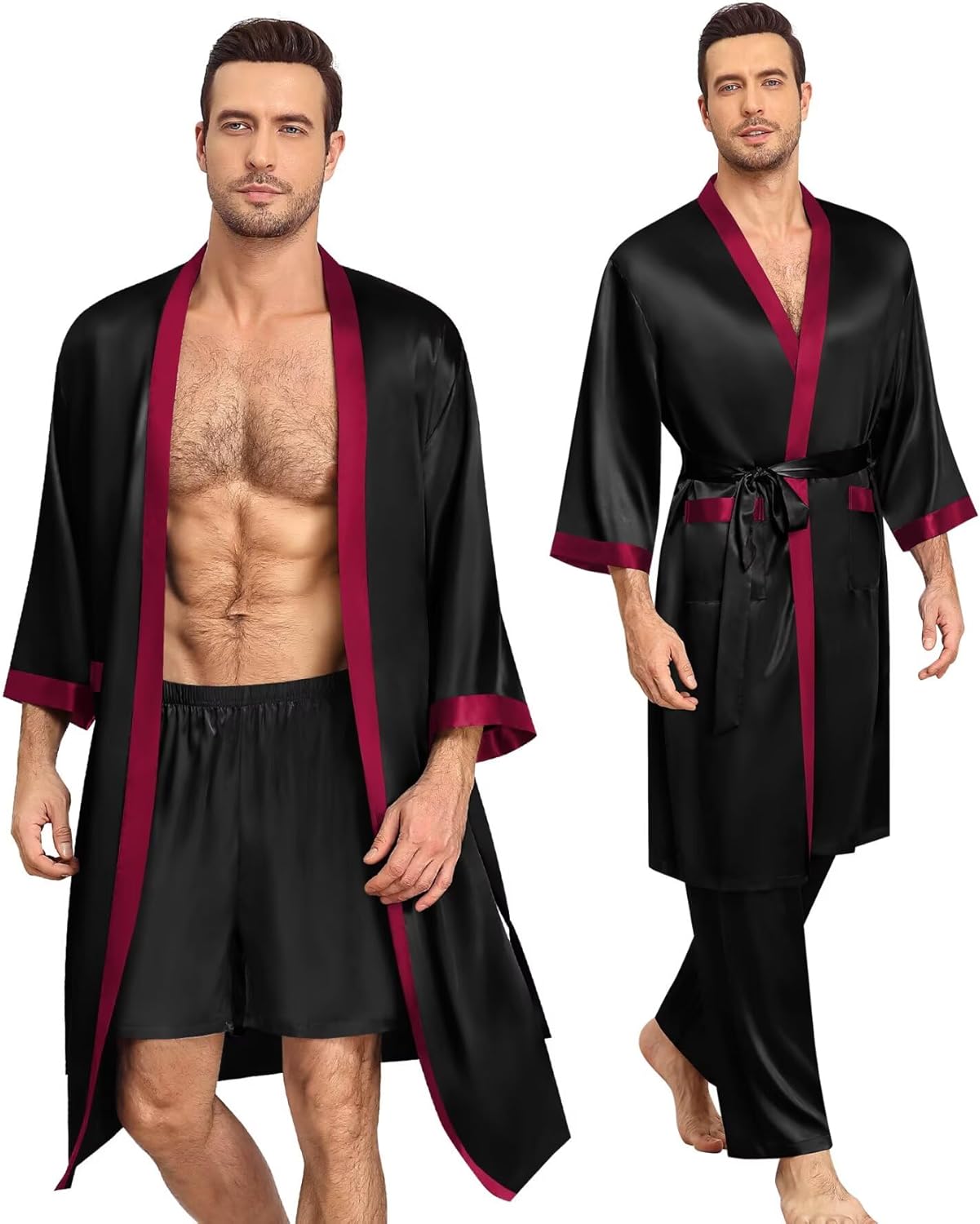 SWOMOG 3Pcs Men's Satin Robe Silk Satin Kimono Bathrobe with Shorts&Pants Set Soft Lightweight Nightwear