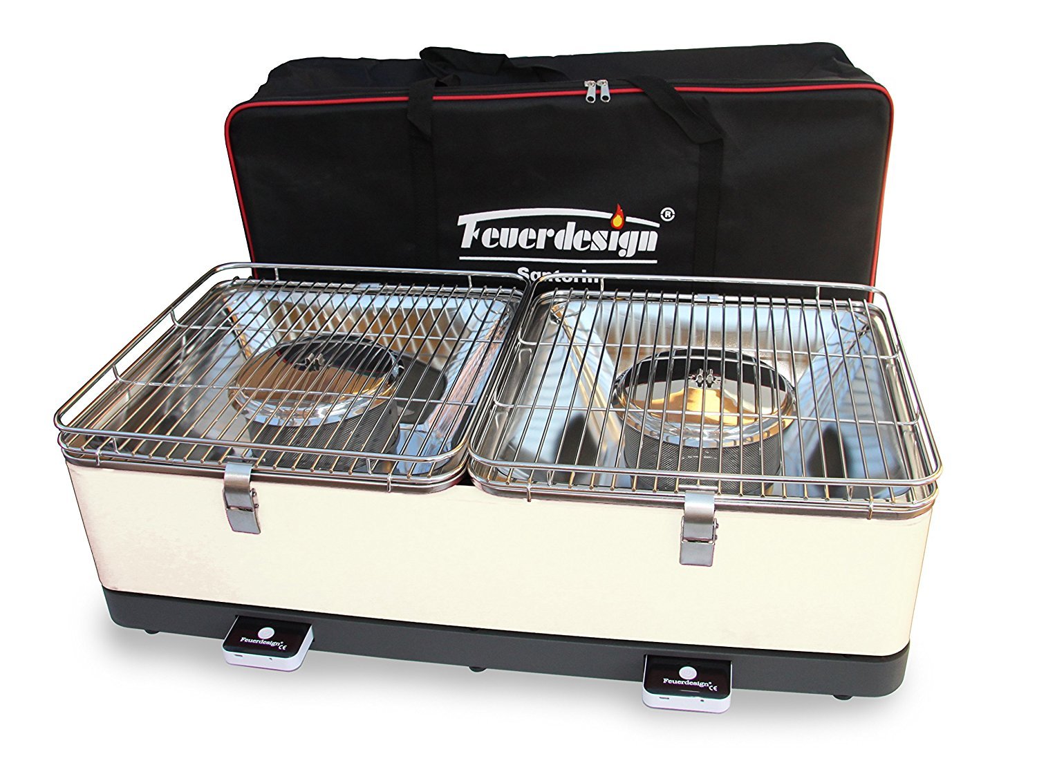 Feuerdesign Santorin Grill E Pinza Per Barbecue, 2 Superfici Griglianti, Dimensioni 34 X 34 Cm, Lavabile In Lavastoviglie, Ventola Rimovibile, Borsa Per Trasporto Inclusa, Bianco