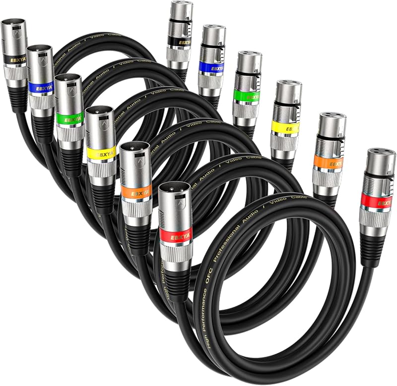 Cable XLR de 2 pies, paquete de 6 - Cables de micrófono Cable DMX balanceado macho a hembra | Cables de conexión premium, 3 pines, para micrófonos, estaciones de radio e iluminación de escenario