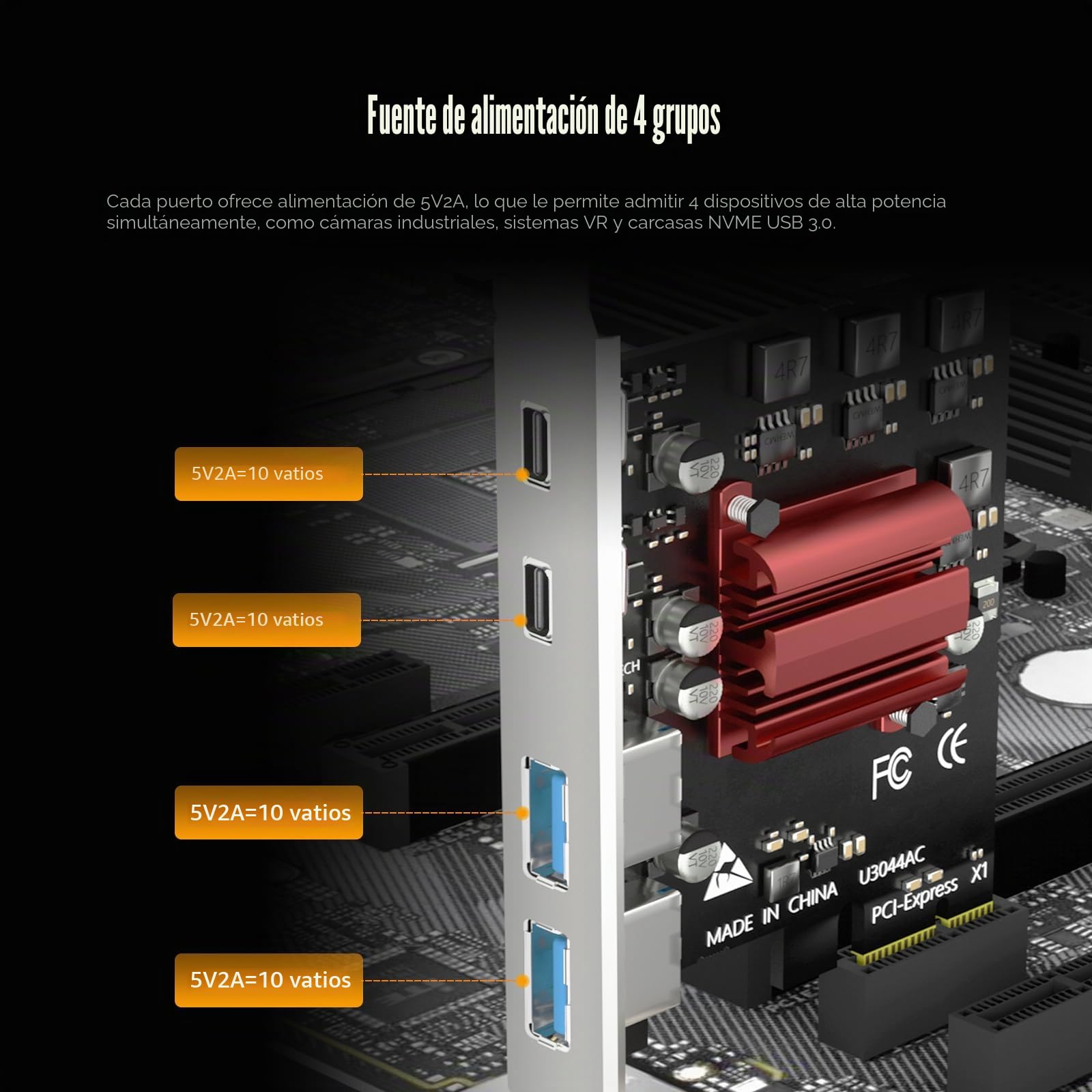 GLOTRENDS U3044AC Tarjeta de expansión PCIe USB de 4 Puertos, 2 USB-C y 2 USB-A (USB 3.2 Gen 1), Compatible con Windows y Linux (No Compatible con Mac OS)
