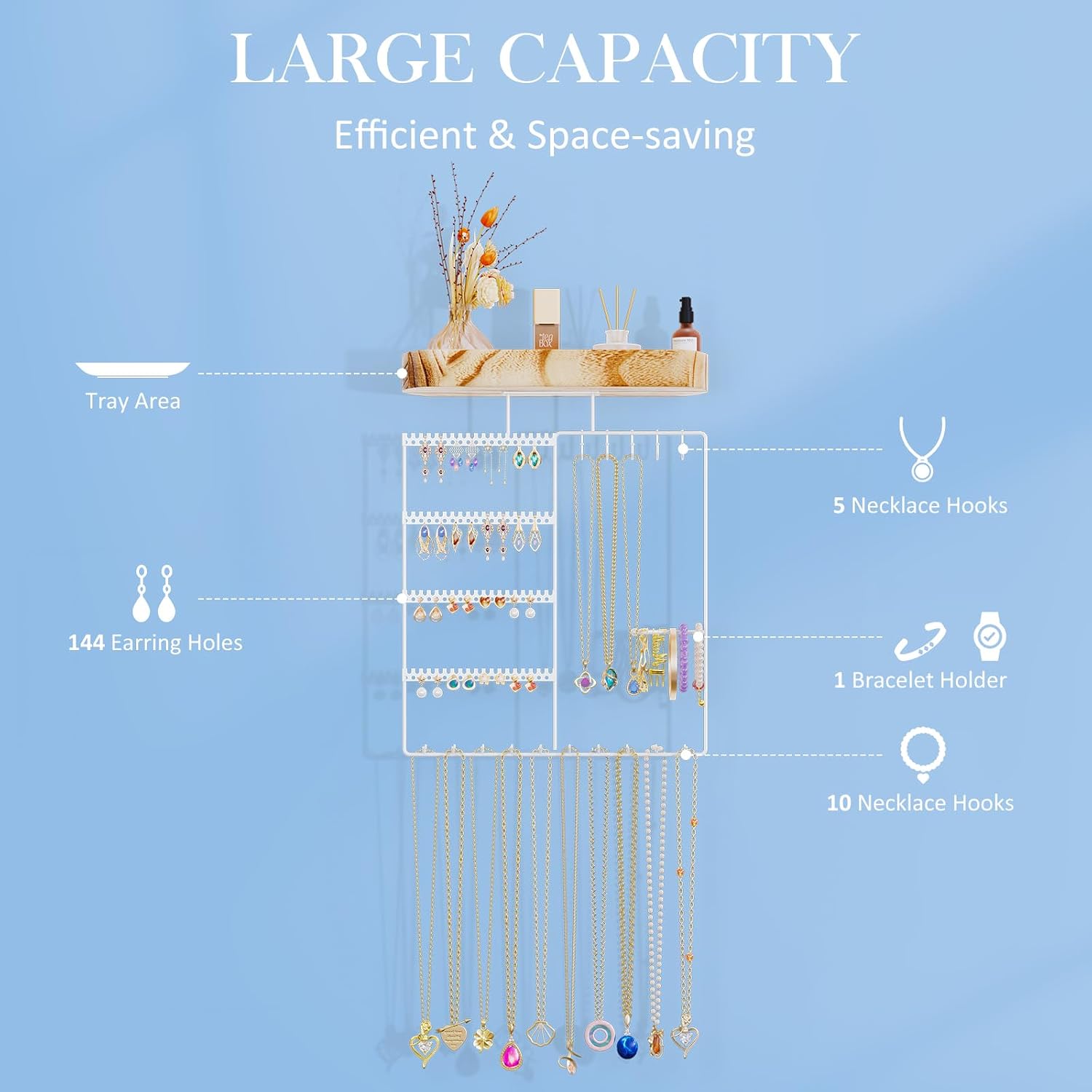 Lolalet Hanging Jewelry Organizer with Wood Shelf, 6-Tier Wall Mount Jewelry Holder with Earrings Holder Bracelets Holder Necklaces Hooks, Jewelry Display Rack for Wall Bathroom -White