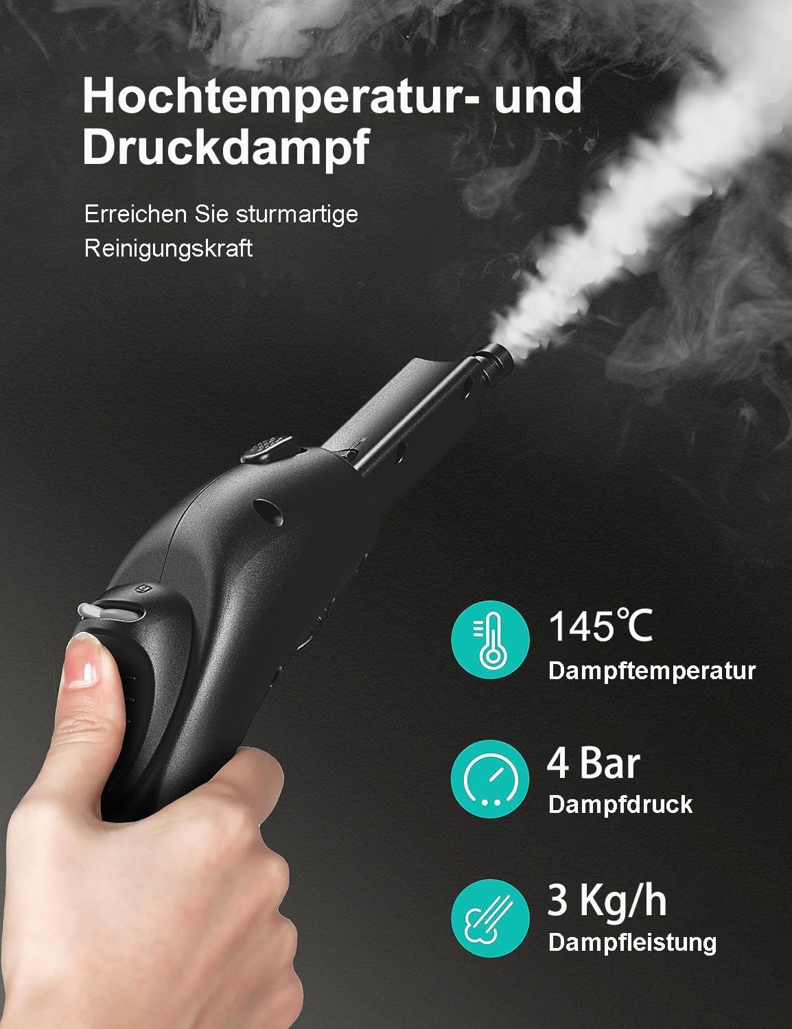 Aspiron Steam Cleaner nozzle emitting high-temperature steam