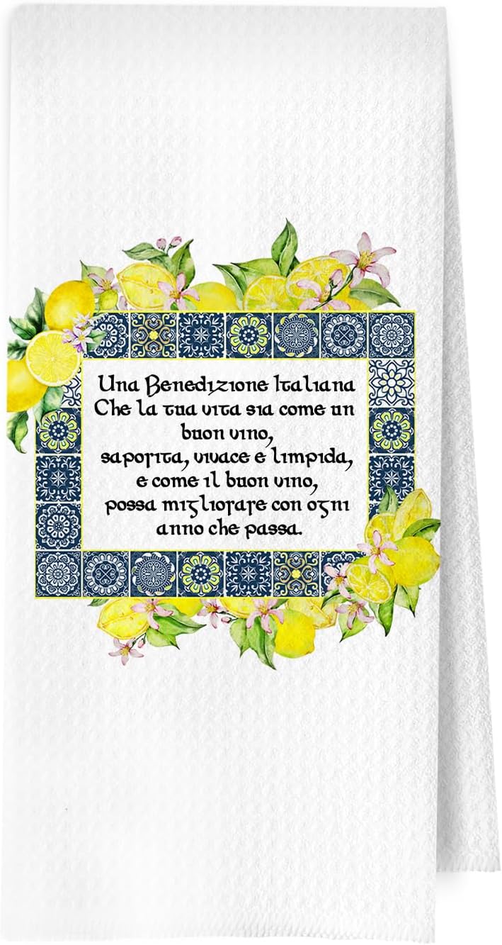 Italian Blessing Kitchen Towels, Lemon Housewarming Gifts Decorative Waffle Dish Towels, Italians Gifts Hand Tea Towel, 16x24 Inch