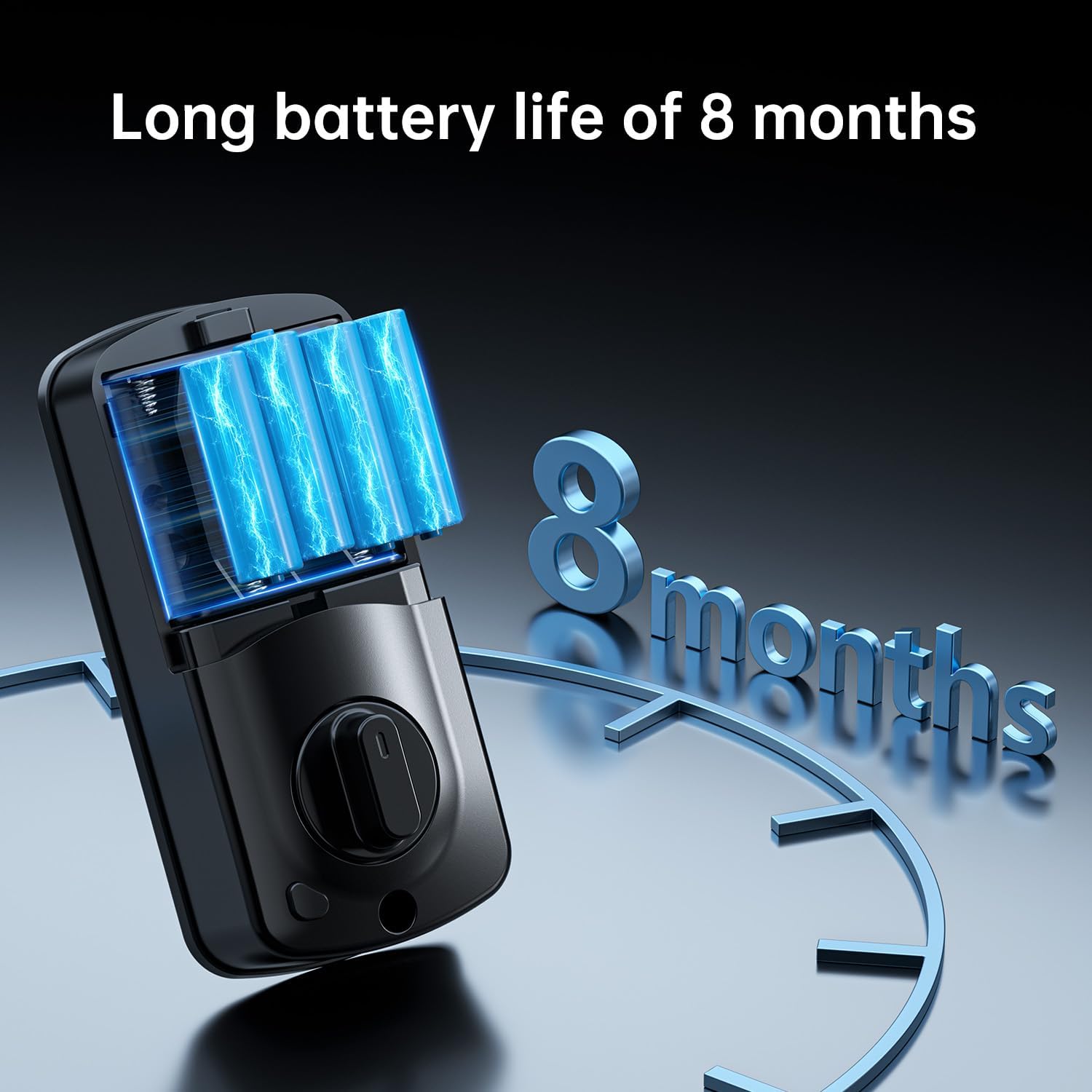 Diagram showing the smart lock's battery compartment with four AA batteries and an indicator for 8 months of battery life.