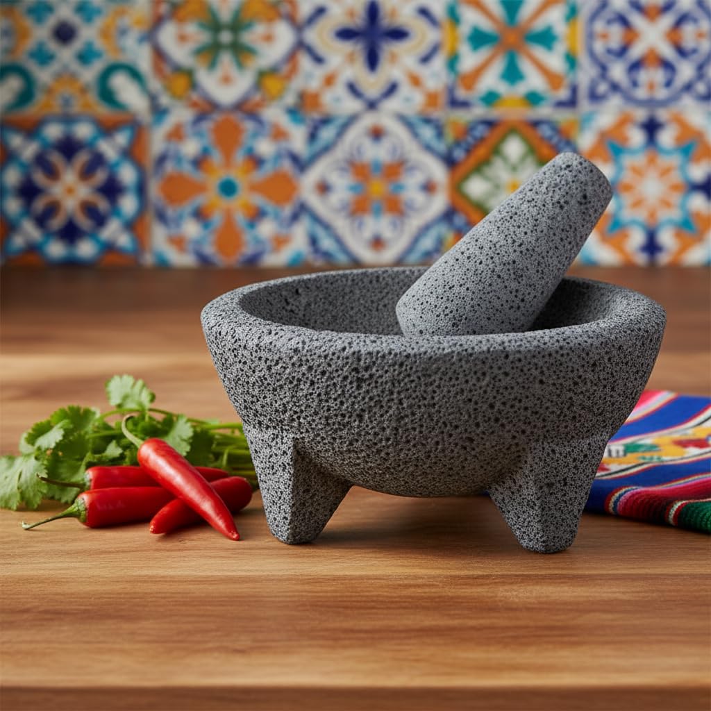 Authentic Mexican Molcajete Mortar and Pestle Set - 8 inch Premium Black Volcanic Stone Guacamole Bowl - Traditional Handmade Salsa Maker for Kitchen
