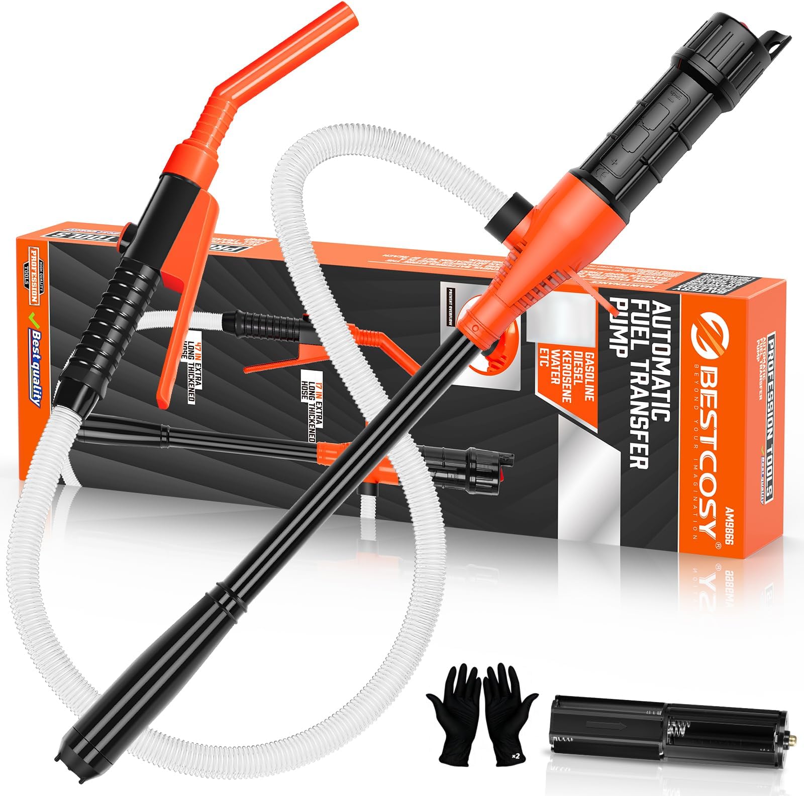 Electric Fuel Transfer Pump, 2.4 GPM Portable Fluid Transfer Siphon Pump with Oil Pipeline, Battery Gas Pumps with 47 Inches Hose &Gloves for Car/RV(Orange)