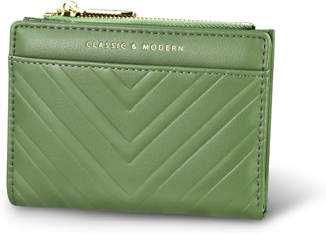 Andiker Slim Wallet for Women, Compact Bifold Women's Wallet with V-shaped Embossing and Zipper Pocket Soft Leather Card Holder for Women (Green)