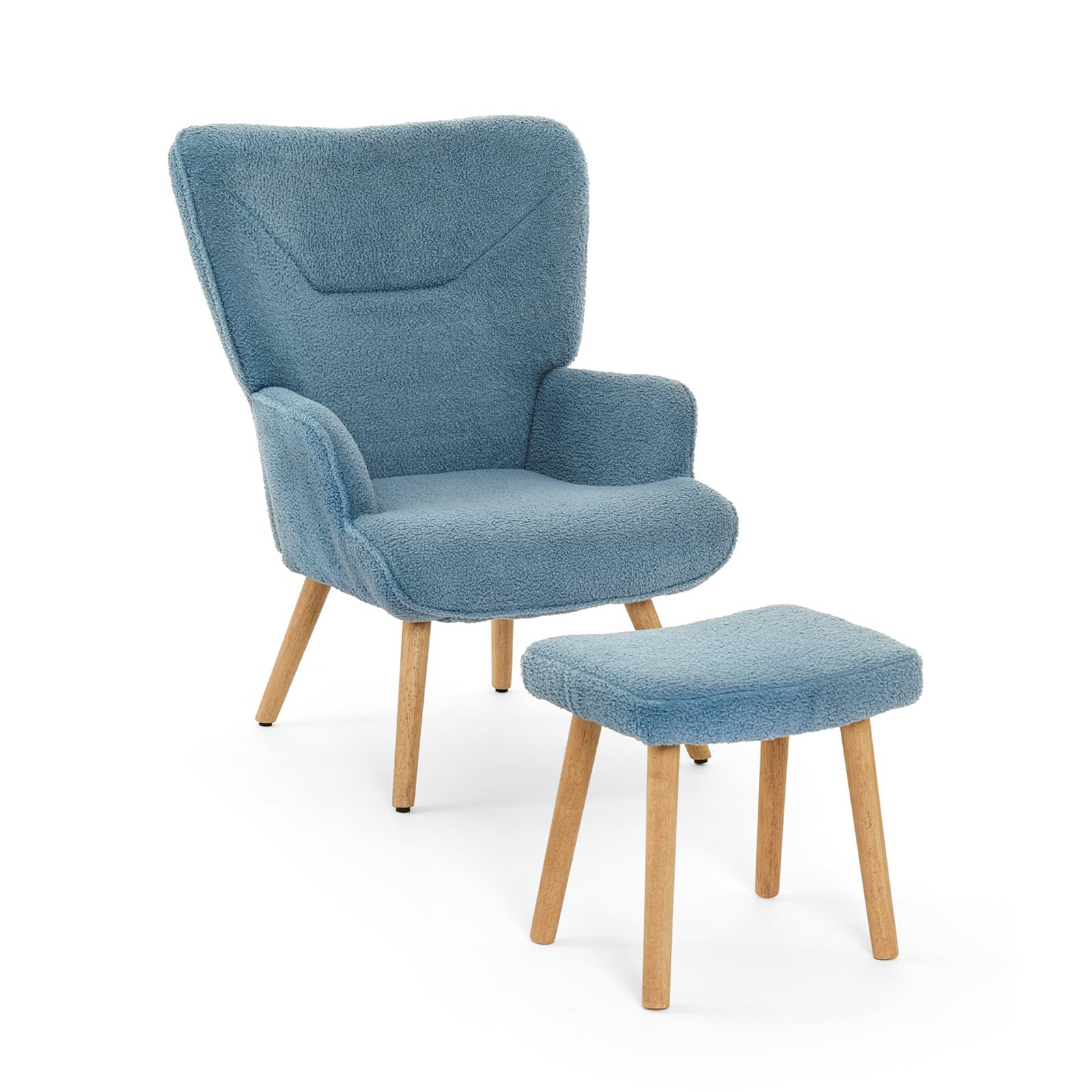 Ohrensessel Sessel Wohnzimmer mit Hocker, Skandinavischer Stil Relaxsessel Polstersessel mit Hoher Rückenlehne Loungesessel aus Teddy-Stoff, Taubenblau