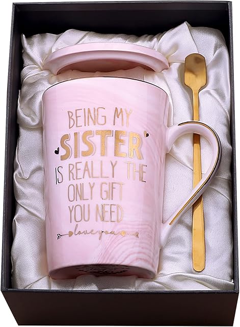 Doublewhale Being My Sister is The Only Gift You Need Coffee Cup Sister Gifts from Sister Birthday Gifts for Sister in Law 14Oz Ceramic Marble Mug Gift Box Printed Gold (Being Sister-Pink)